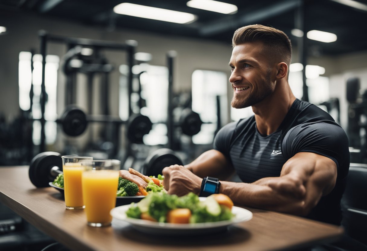 A weight training beginner consumes a balanced meal and rests to recover, emphasizing nutrition and rest for fitness progress
