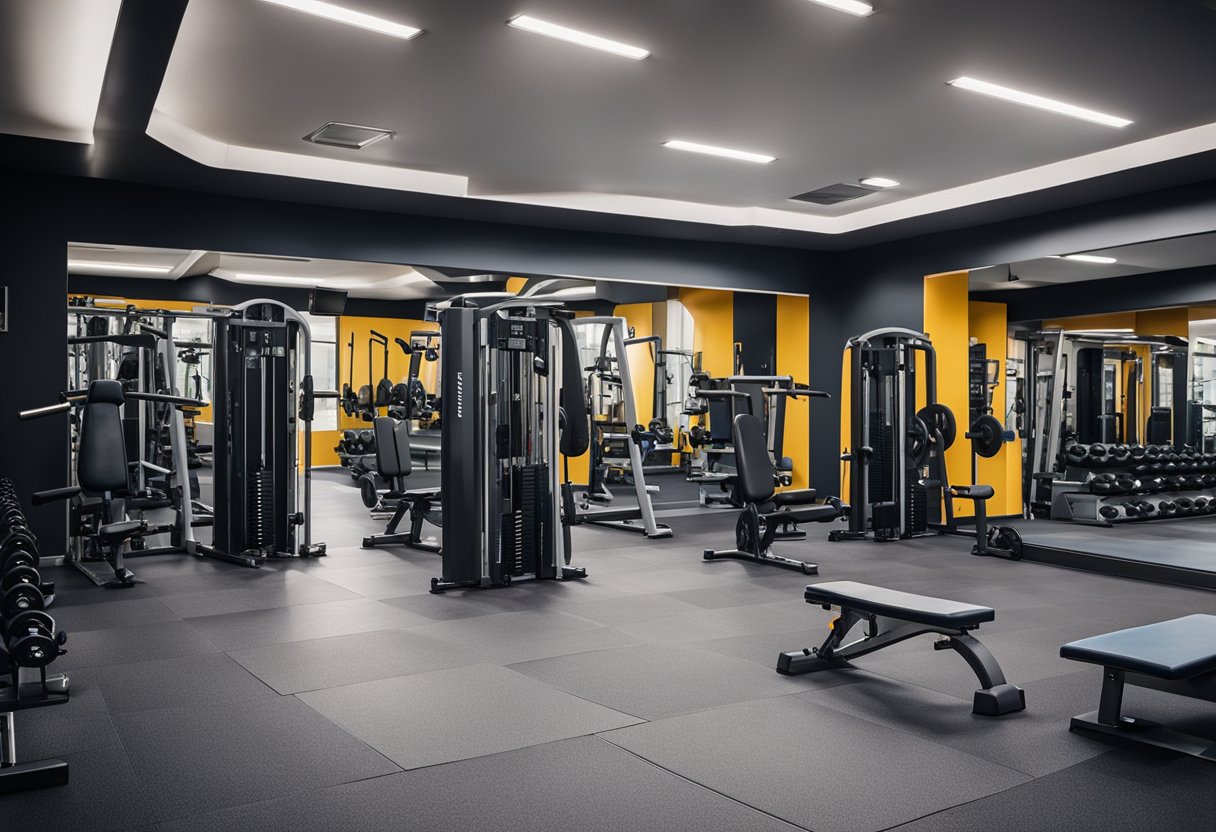 A gym with weight machines, free weights, and exercise mats. Posters with fitness tips and FAQs on the walls. Bright lighting and a welcoming atmosphere