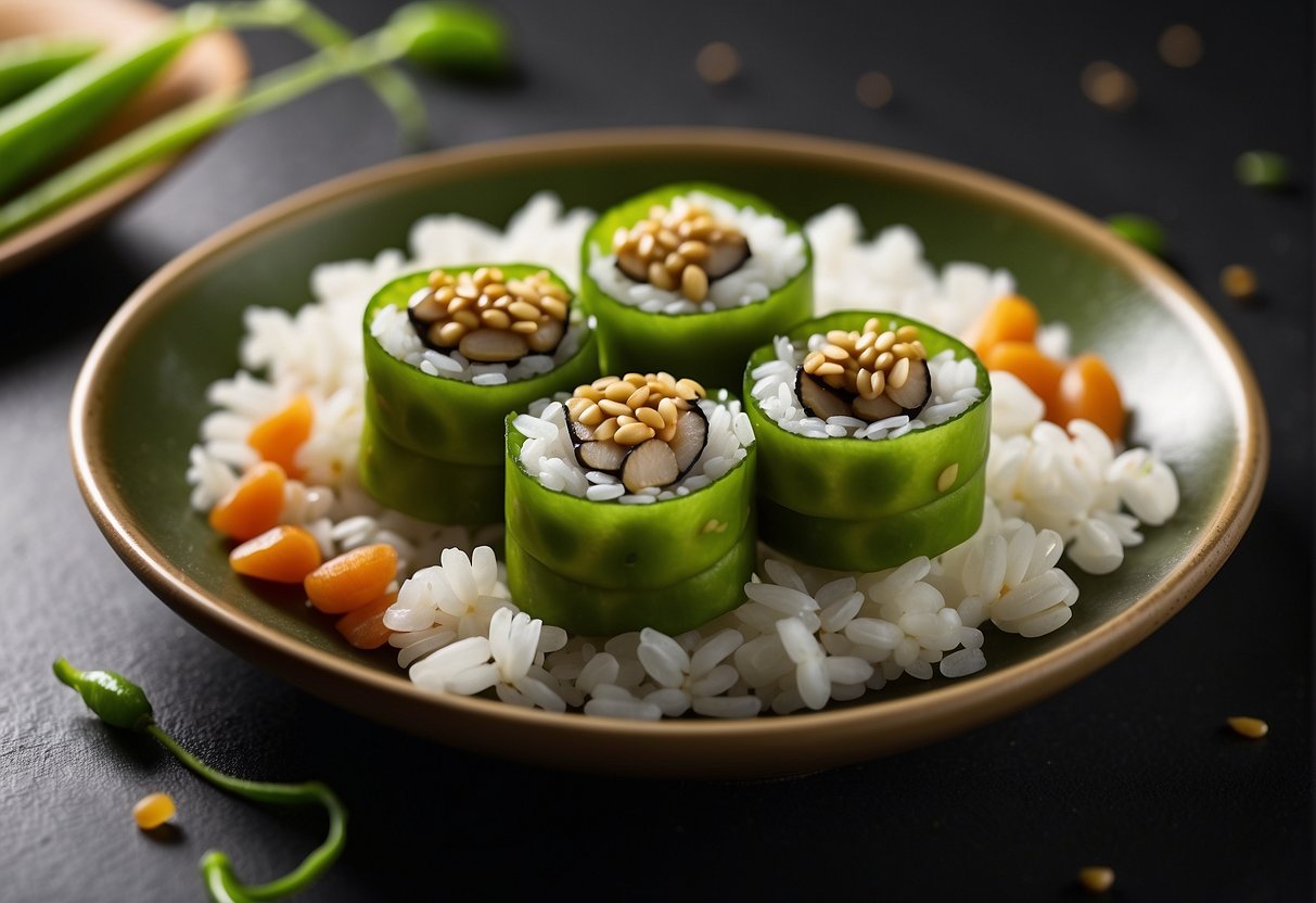 A plate of edamame sushi with vibrant green soybean pods and rice, garnished with sesame seeds and served with a side of soy sauce