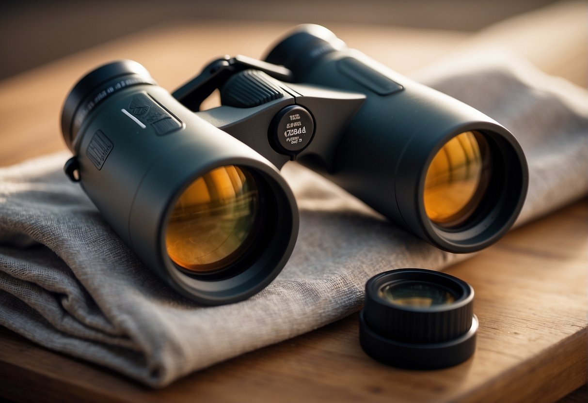 A pair of high-quality binoculars sits on a clean, well-lit surface. A soft cloth and cleaning solution are nearby, ready for maintenance