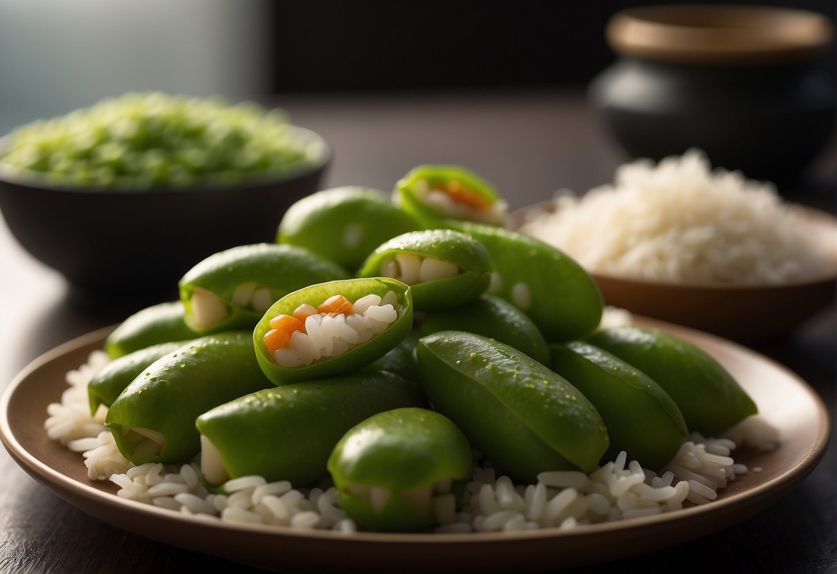 Edamame pods being shelled and mixed with rice, then shaped into sushi