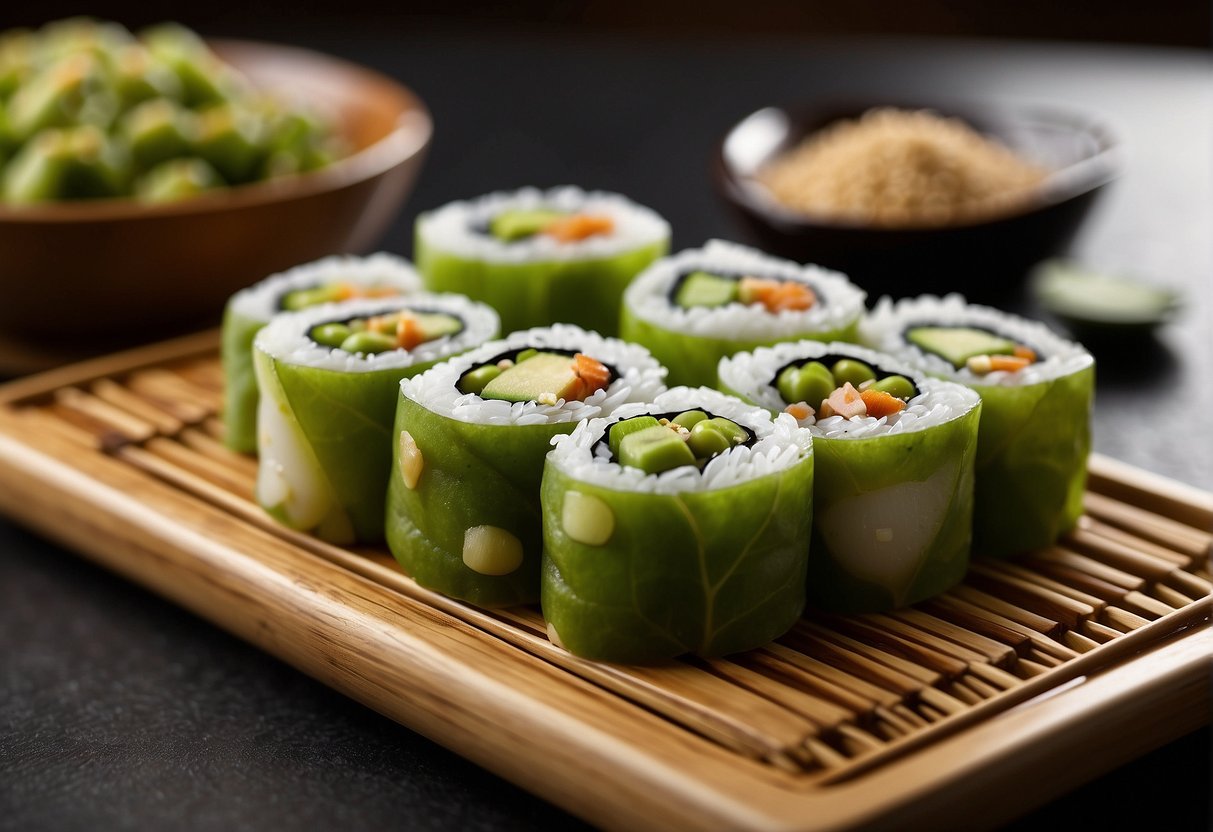 An array of edamame sushi rolls arranged on a bamboo serving tray, garnished with sesame seeds and drizzled with savory soy sauce