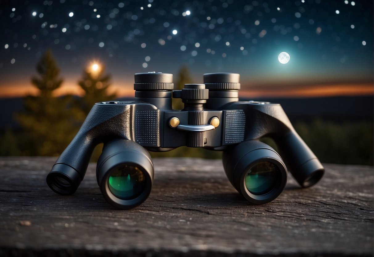 A pair of high-quality binoculars pointed towards a clear night sky filled with twinkling stars and a bright, glowing moon