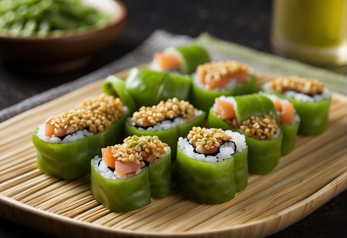 A plate of edamame sushi with a side of pickled ginger and wasabi, garnished with sesame seeds and served on a traditional bamboo sushi platter