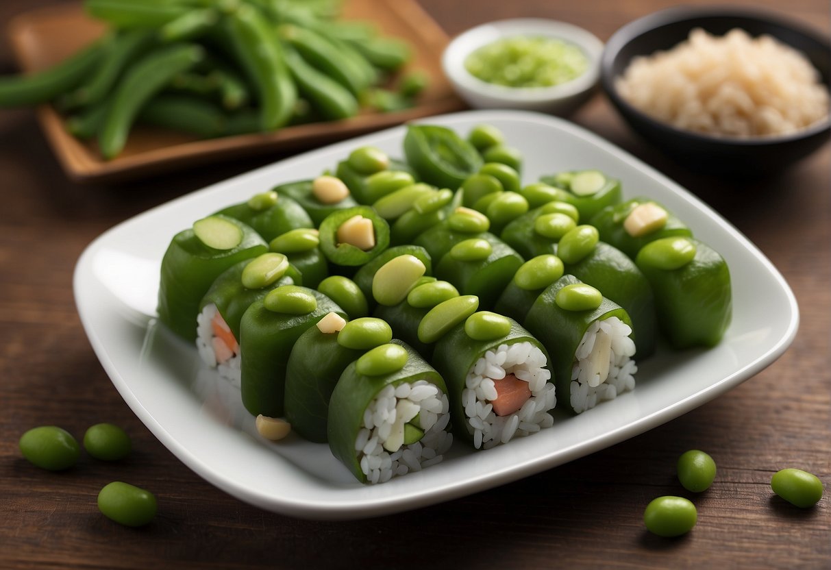 A plate of edamame sushi surrounded by fresh green soybeans, with a side of pickled ginger and wasabi