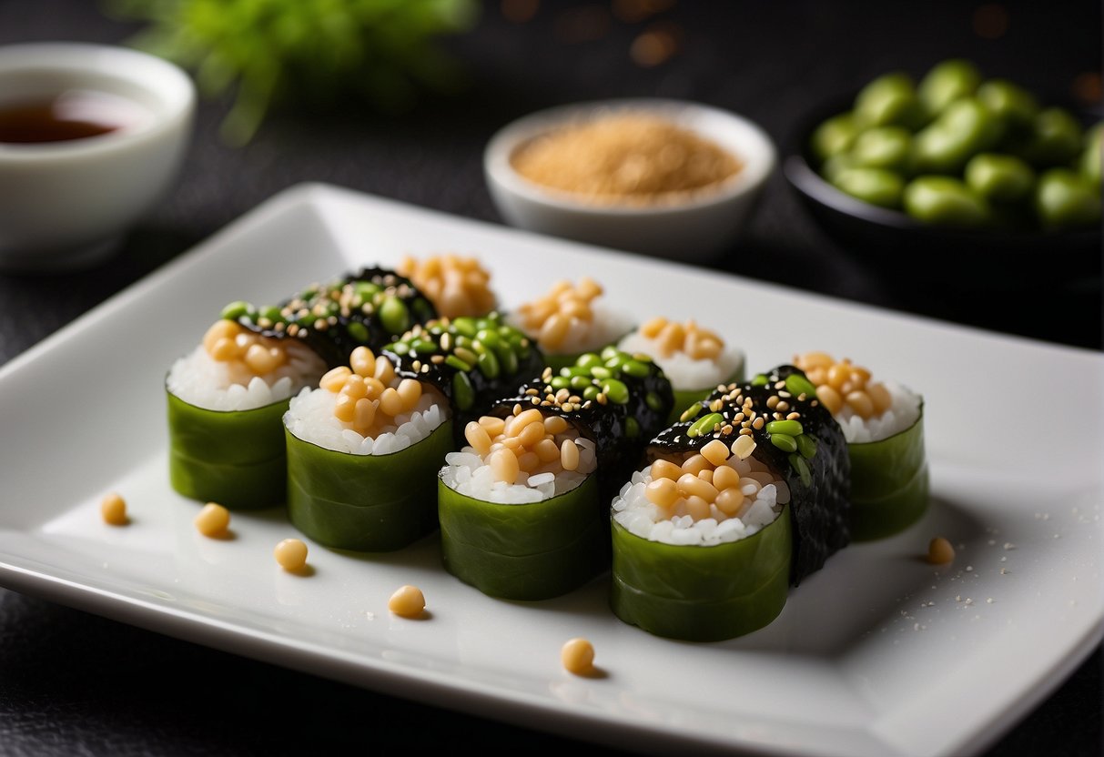 A plate of edamame sushi arranged neatly with soy sauce and wasabi on the side. The sushi is garnished with sesame seeds and thinly sliced nori