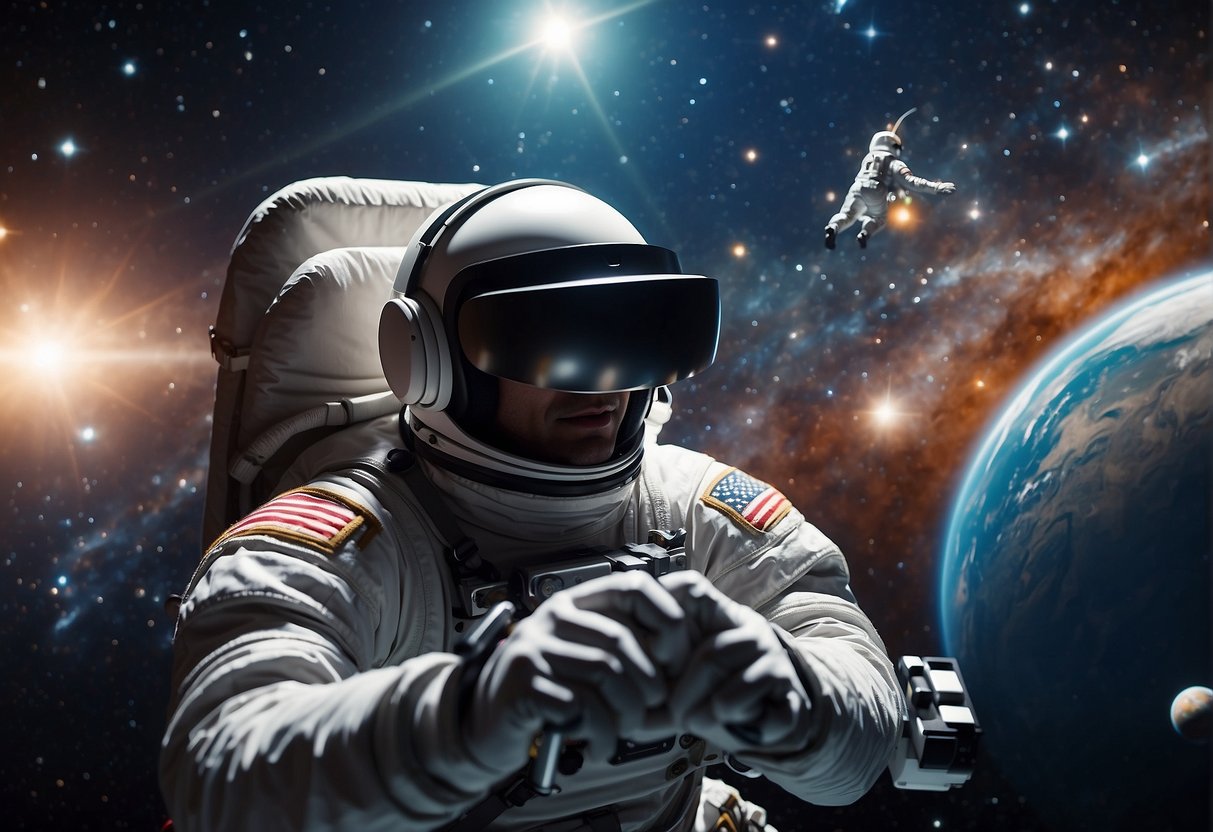 Virtual Reality and Space:  A astronaut floats in a virtual reality space simulation, surrounded by stars and planets. The VR headset glows with images of distant galaxies