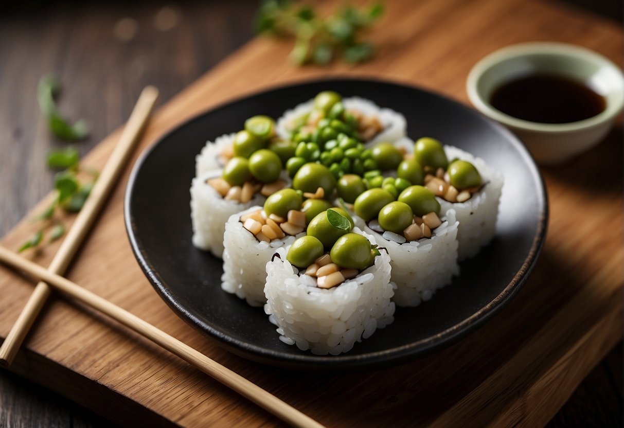 A plate of edamame sushi is placed on a wooden serving board, with a small dish of soy sauce and a pair of chopsticks beside it