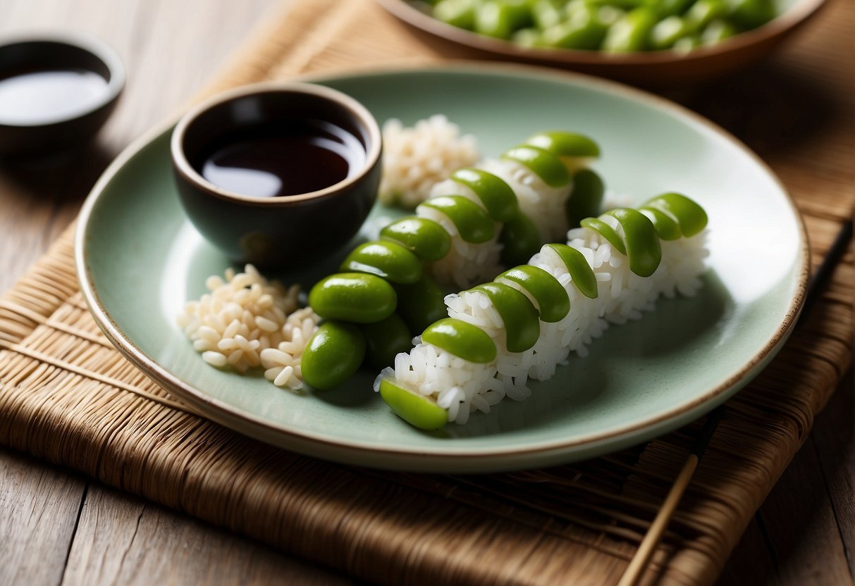 A plate of edamame sushi sits on a wooden table, surrounded by chopsticks and a small dish of soy sauce. The green soybeans are nestled in rice and wrapped in seaweed, ready to be enjoyed