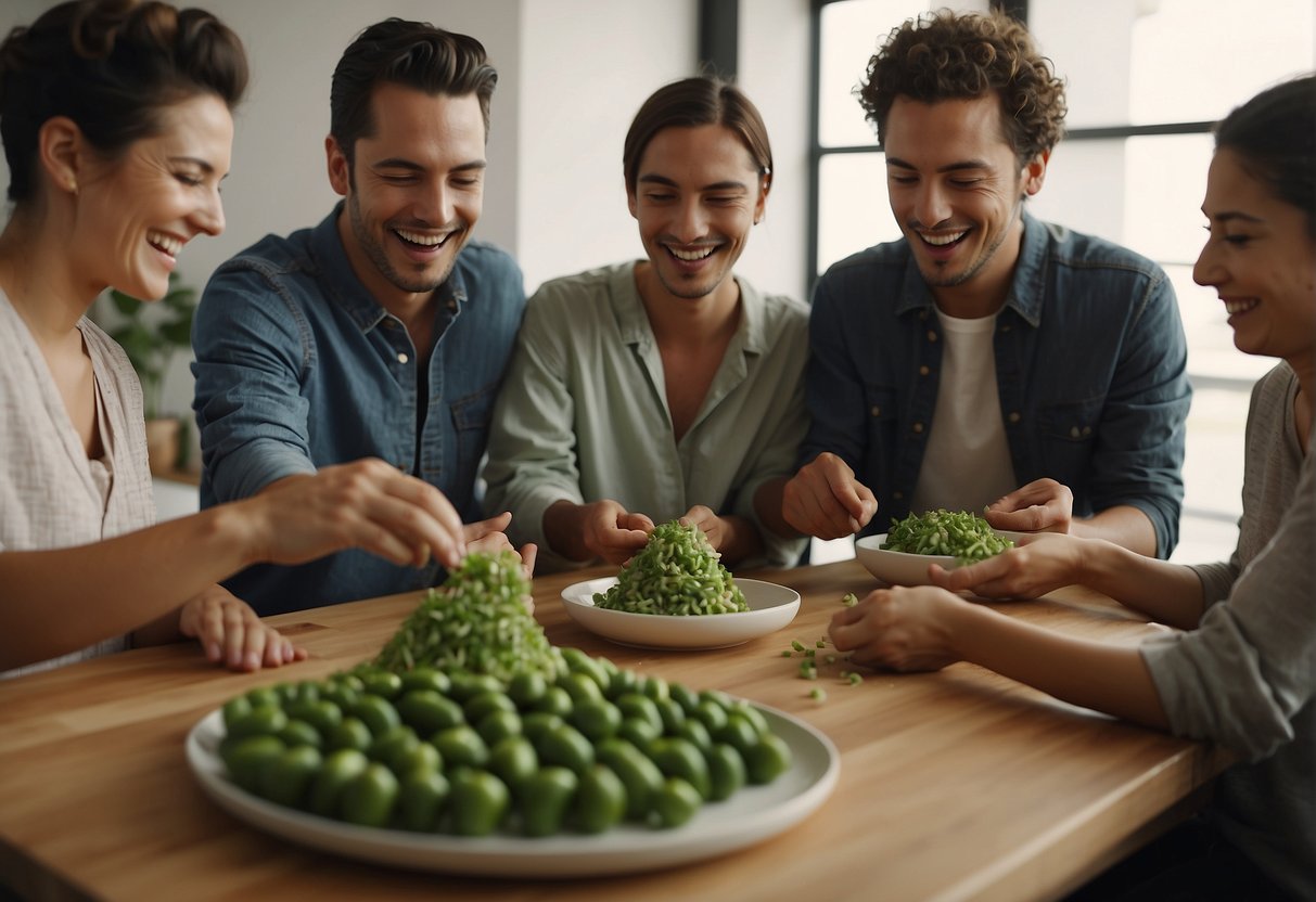 Friends gather around a table, laughing and chatting as they assemble edamame sushi rolls together, passing ingredients and sharing the experience