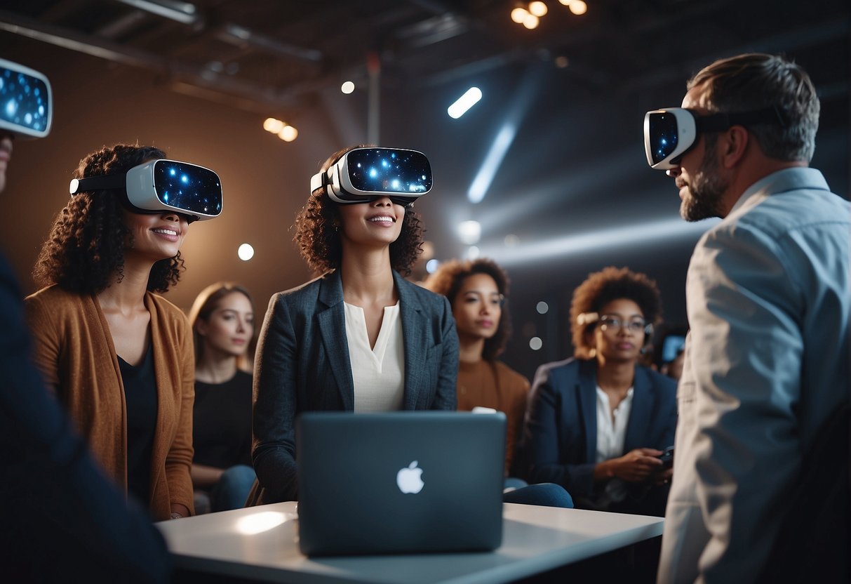 A diverse group of space enthusiasts gather in a virtual reality space, sharing knowledge and experiences, connecting through the immersive technology