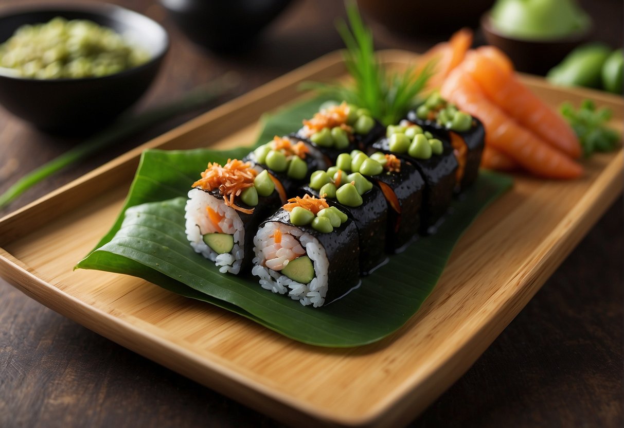A plate of sustainable seafood and edamame sushi sits on a bamboo serving tray, garnished with fresh green seaweed and pickled ginger