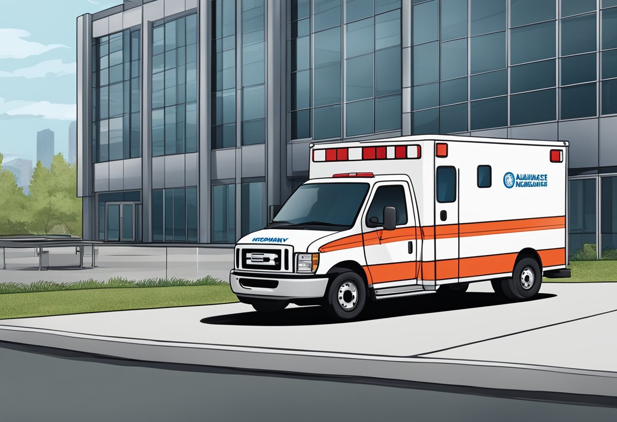 An ambulance parked outside a company building, with the company's logo visible on the vehicle