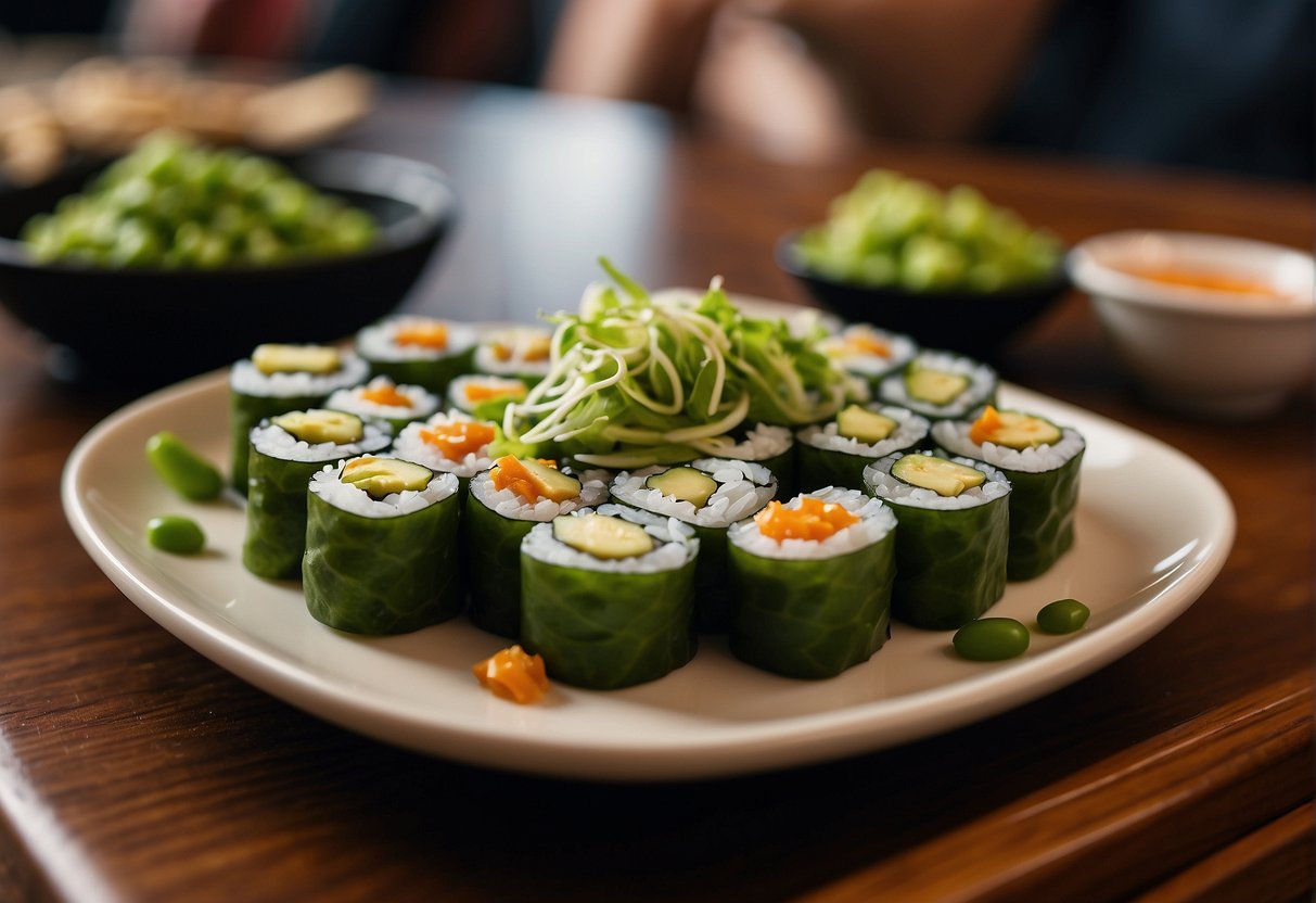 A plate of edamame sushi sits on a wooden table in a bustling restaurant, surrounded by other Japanese dishes and chopsticks