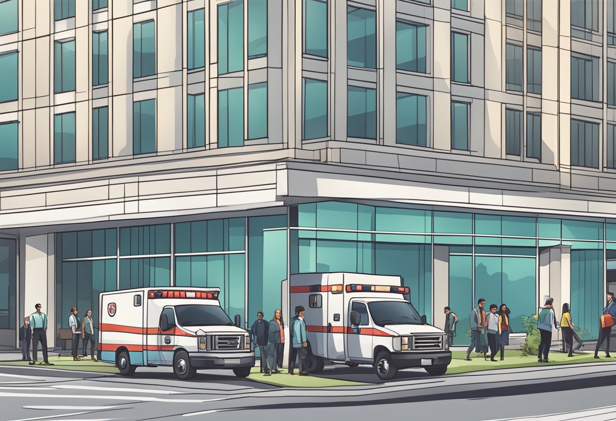 A busy office building with a prominent ambulance parked outside, surrounded by employees and signage indicating medical coverage for businesses