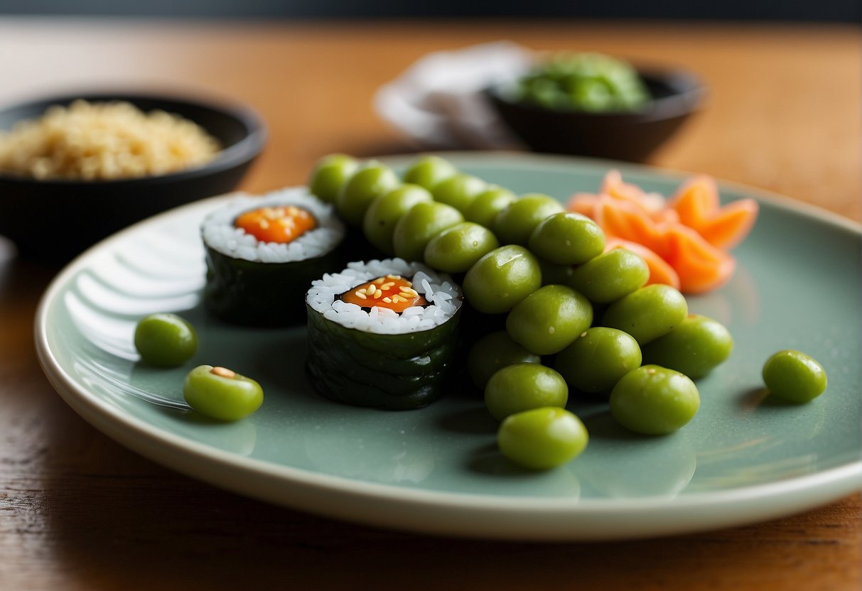 A plate of edamame sushi surrounded by chopsticks and a small dish of soy sauce