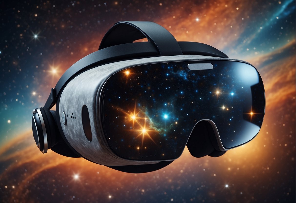 A virtual reality headset floating in space surrounded by stars and planets