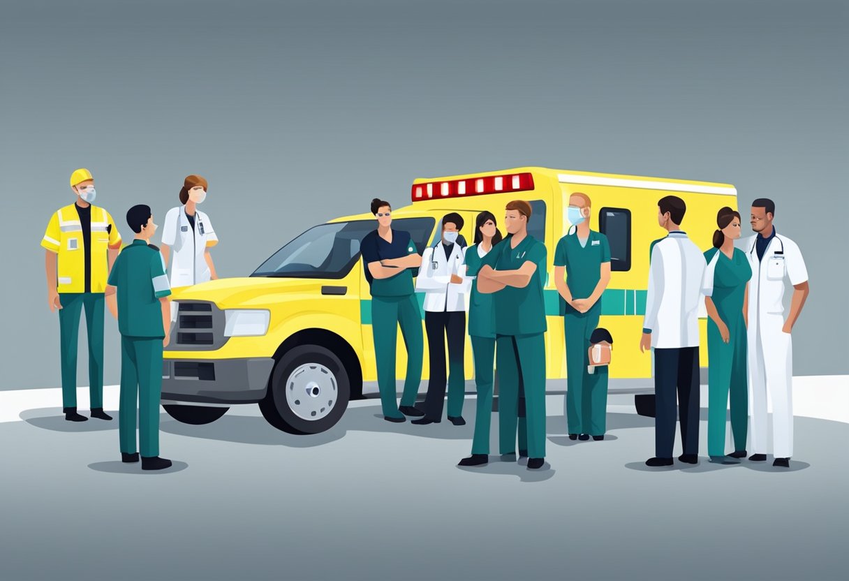 A group of people receiving professional training for ambulance services at a company