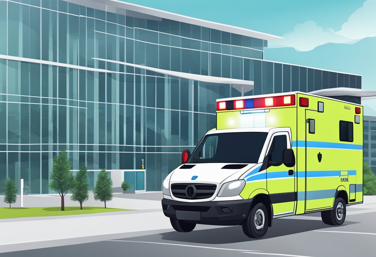 A modern ambulance parked outside a corporate building, with a paramedic standing by, ready to provide emergency medical services for employees