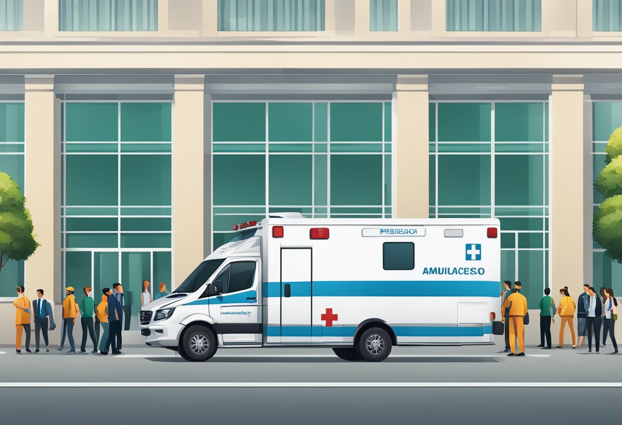A busy office building with a sleek ambulance parked outside, surrounded by a group of employees and a sign displaying "Empresa serviço de ambulancia para empresas."