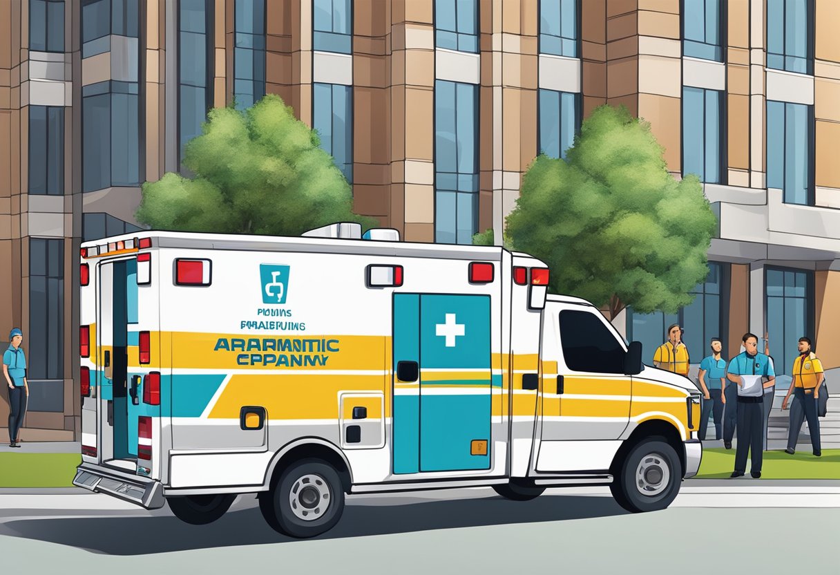 A company logo on an ambulance, parked outside an office building with employees asking questions to paramedics