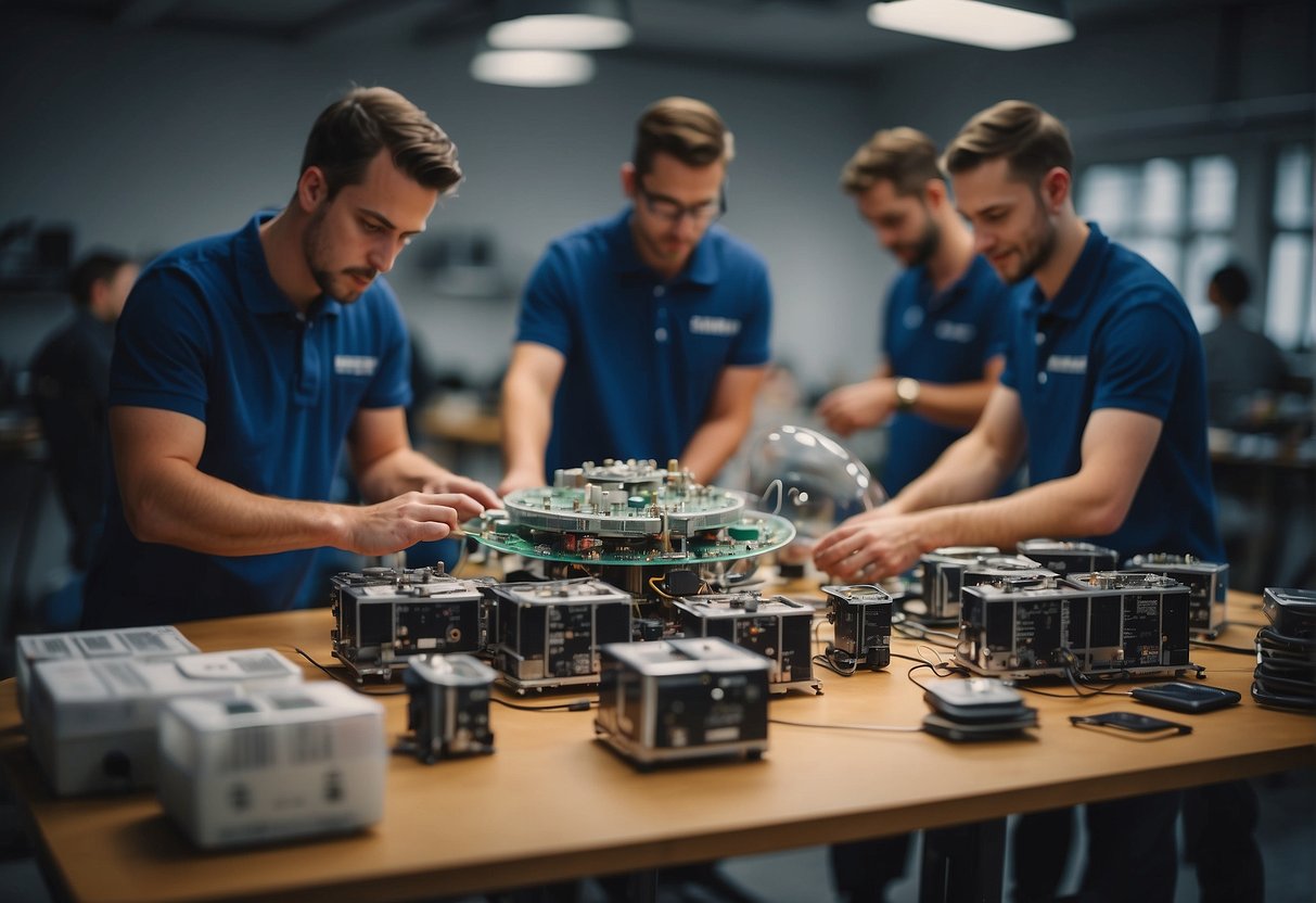 A group of people assembling satellite kits, following launch regulations, in a workshop setting