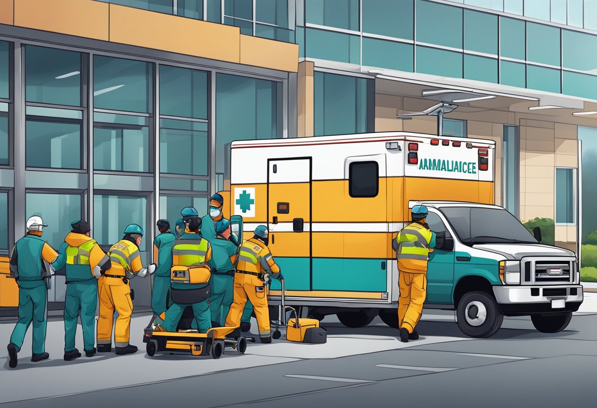 An ambulance parked outside a company's building, with paramedics unloading medical equipment and assisting an injured employee