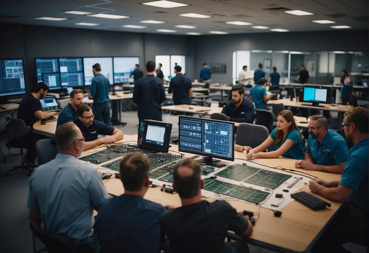 A group of people assembling satellite kits in a modern operations building. Tables filled with equipment and tools, while diagrams and instructions are displayed on screens