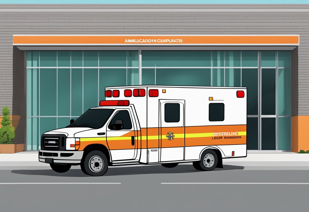 An ambulance parked outside a company, with signage displaying "Legislation and Regulatory Standards" in the background