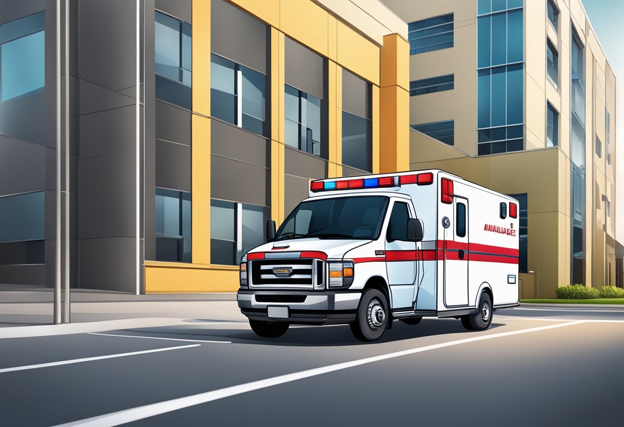 An ambulance parked outside a company building