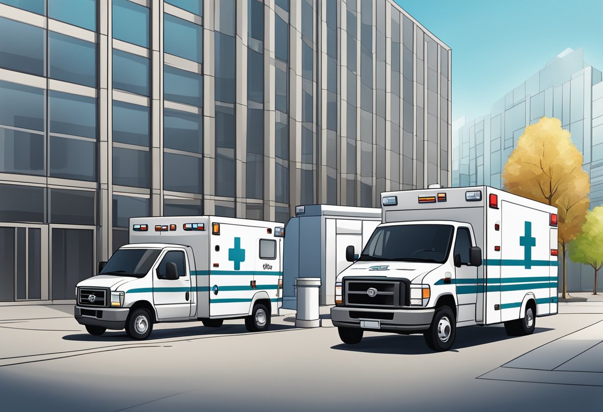 An ambulance parked outside a company, with financial charts and investment documents being reviewed by business professionals