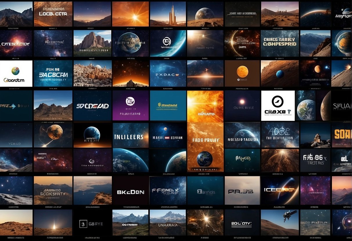 A collection of space documentaries displayed on various streaming platforms with logos and titles