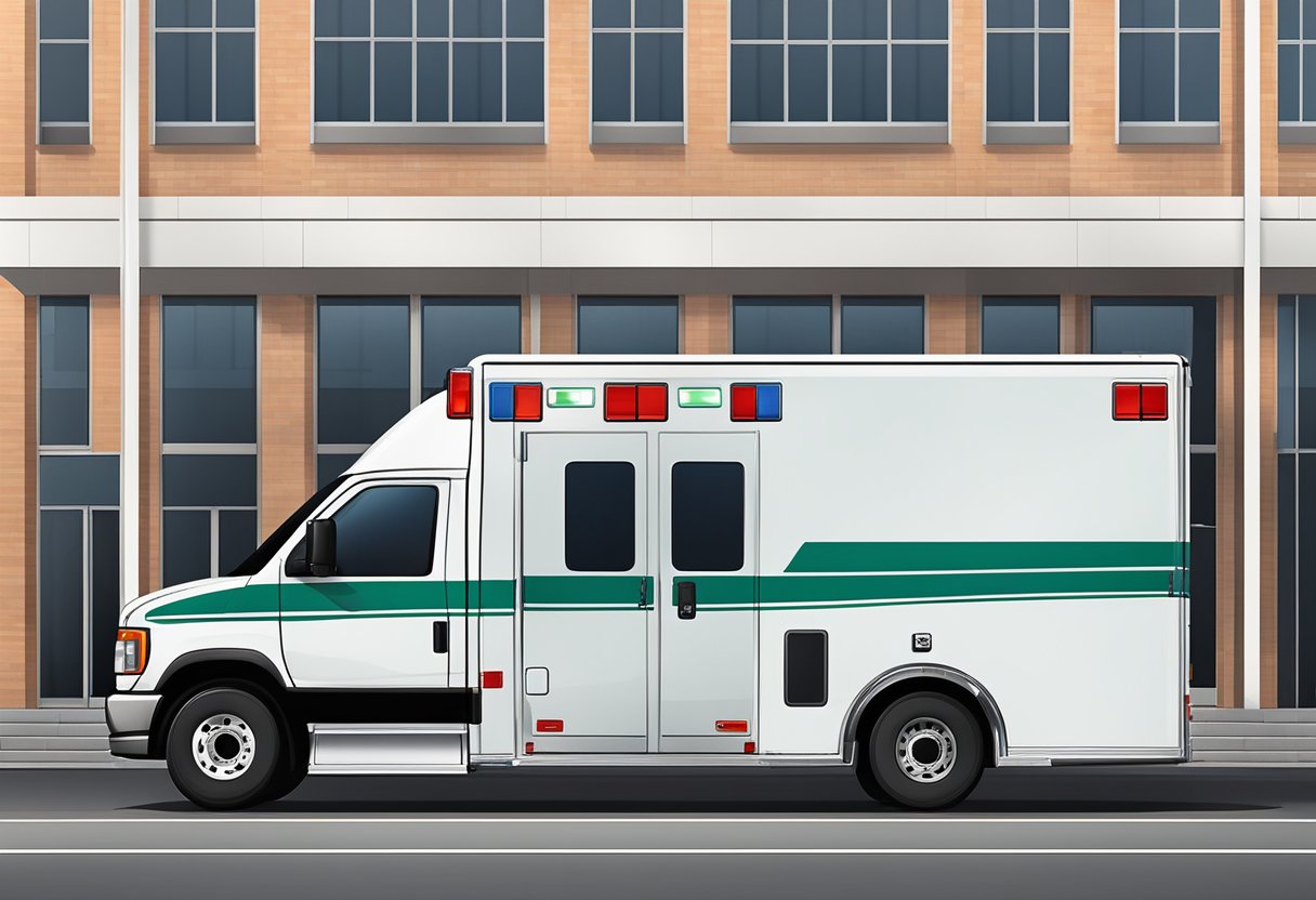 A specialized ambulance parked outside a company building