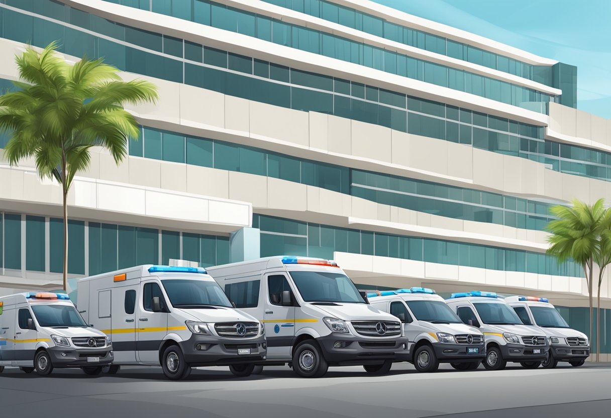 Private ambulance companies in Brazil, with their vehicles lined up and ready for service, parked outside a medical facility