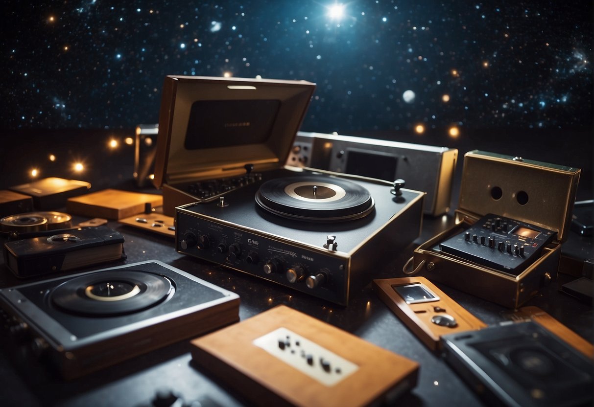 Instruments and albums floating in a cosmic void, surrounded by stars and galaxies, emitting ethereal music