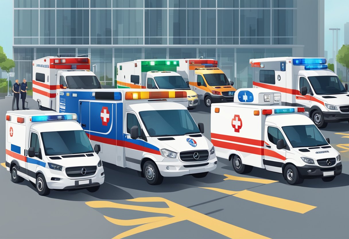 Various types of ambulances from private companies with different equipment and logos, parked in a row at a busy emergency response station