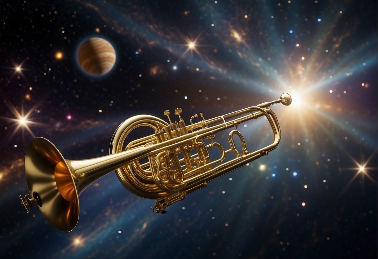 A celestial orchestra of cosmic instruments floats through the galaxy, creating ethereal melodies inspired by the mysteries of space