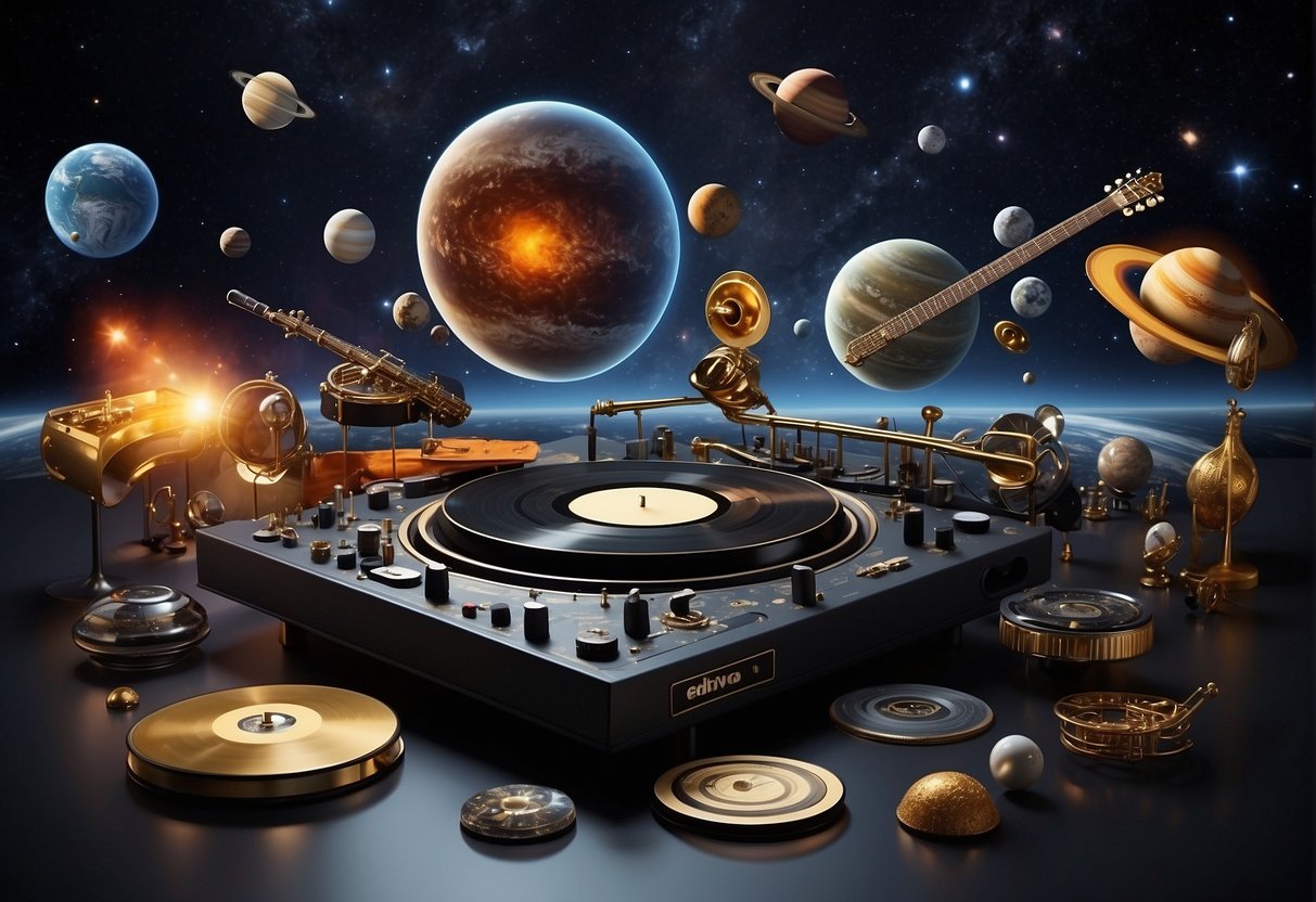 A cosmic scene with planets, stars, and galaxies swirling around musical instruments and iconic space-themed albums