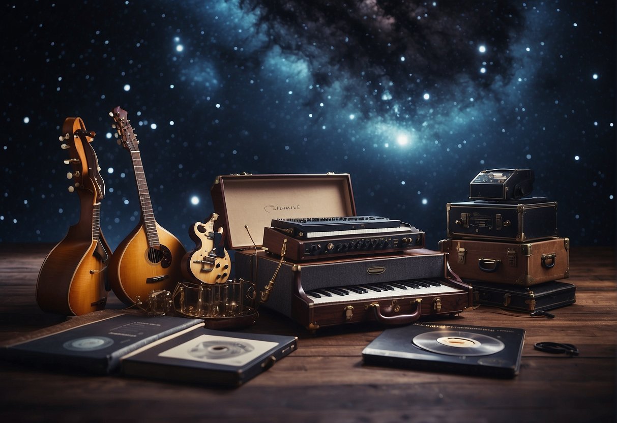 Instruments and albums float in a cosmic void, surrounded by stars and galaxies. Cosmic waves emanate from the instruments, creating a mesmerizing scene