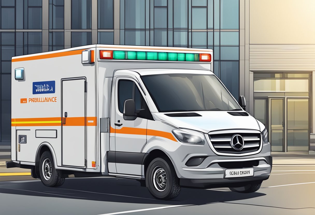 A private ambulance parked outside a commercial building, with the company logo displayed prominently on the vehicle