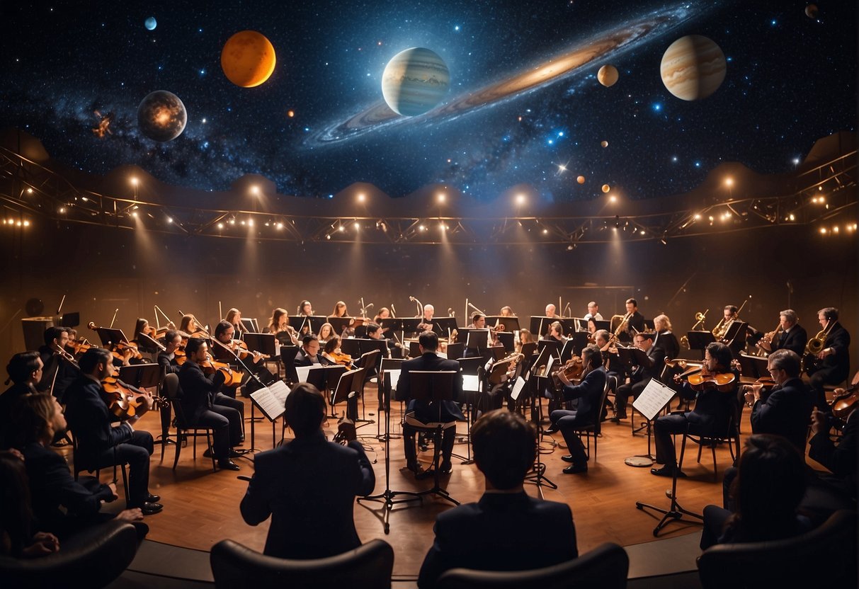 A celestial orchestra plays among the stars, with instruments fashioned from planets and galaxies, creating harmonious melodies inspired by the cosmos