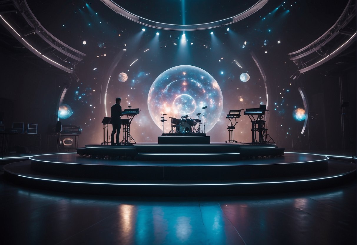 A futuristic stage with holographic instruments and cosmic visuals, evoking the vastness of space and the inspiration it brings to musicians