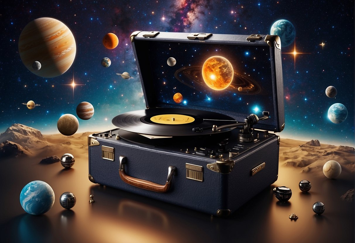 A cosmic scene with musical instruments floating in space, surrounded by stars and planets, with album covers featuring celestial imagery