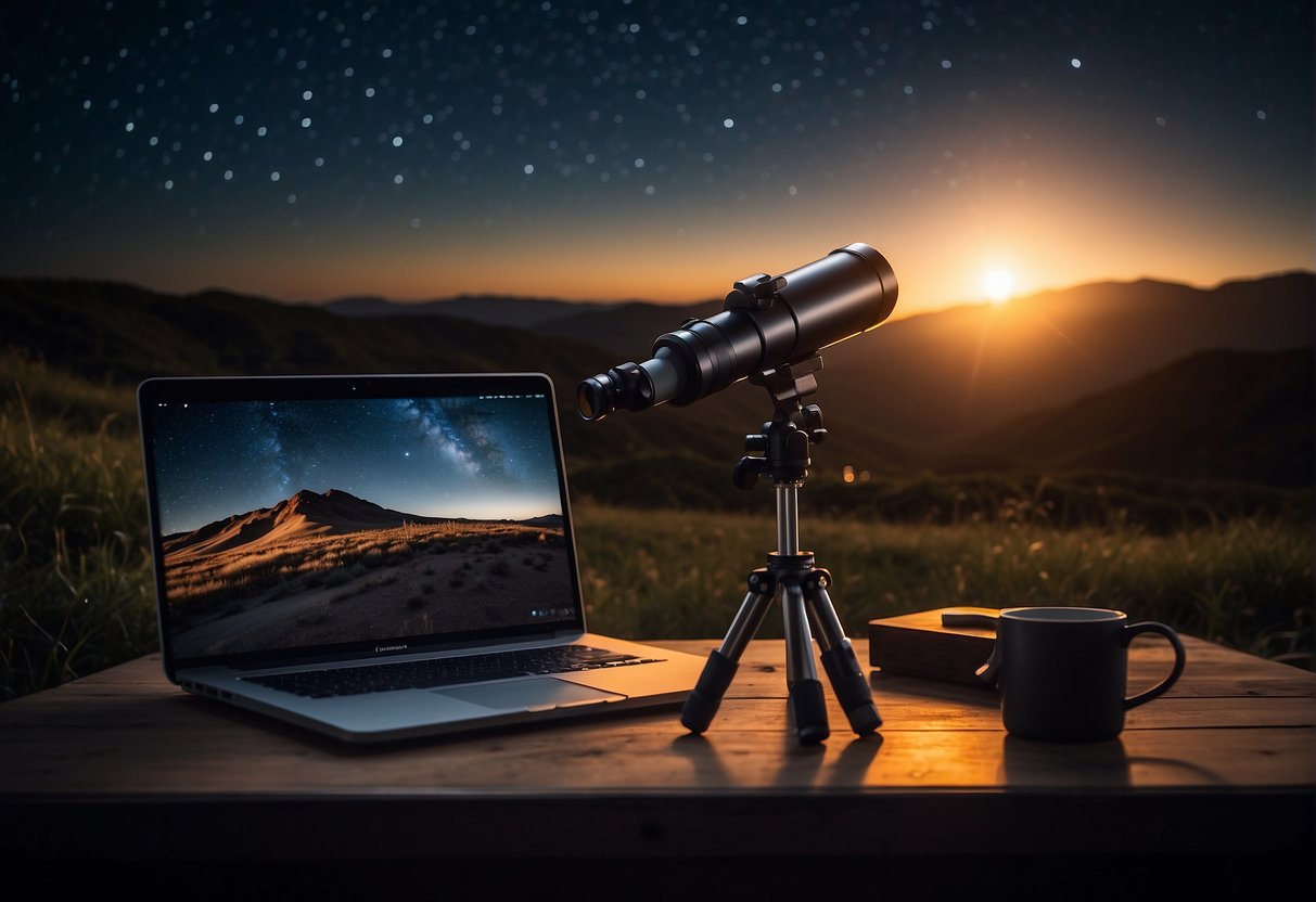 Astrophotography Hobby : A telescope and camera set up on a sturdy tripod under a clear night sky. A laptop displaying editing software nearby