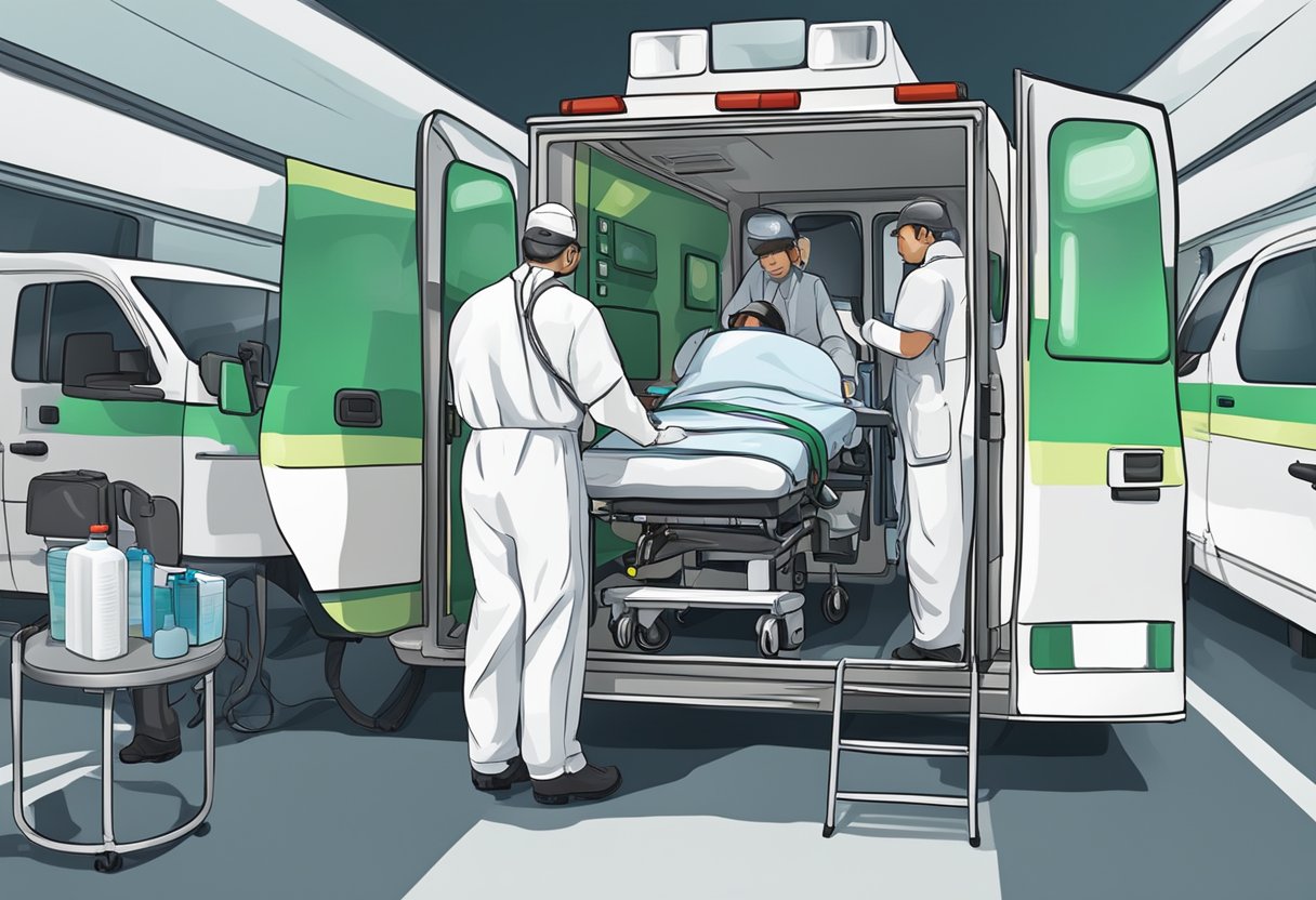 Medical procedures in emergency ambulance, with medical equipment and professionals attending to a patient