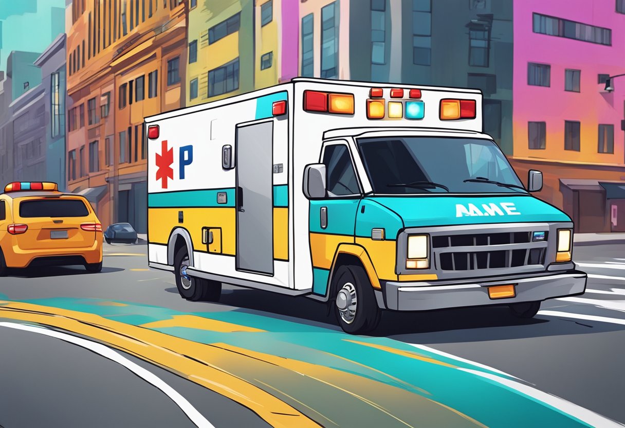 A pop culture-themed ambulance with vibrant colors and bold graphics racing through a city street