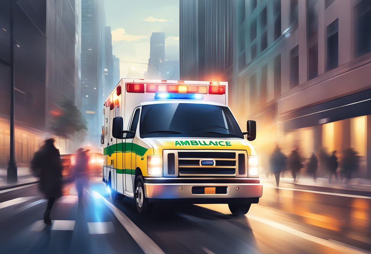 An ambulance rushing through city streets with flashing lights and blaring sirens
