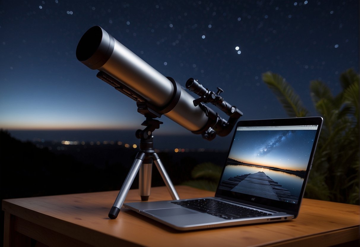 A telescope pointing towards the night sky, with a camera attached and a remote shutter release in hand. A laptop displaying image editing software sits nearby