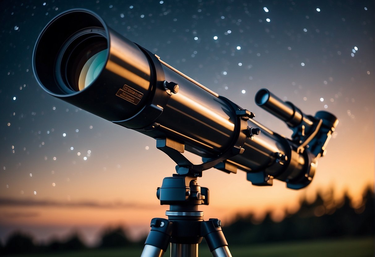 A telescope pointed towards the night sky, capturing the movement of stars and planets. A camera attached to the telescope, ready to capture stunning astrophotography images