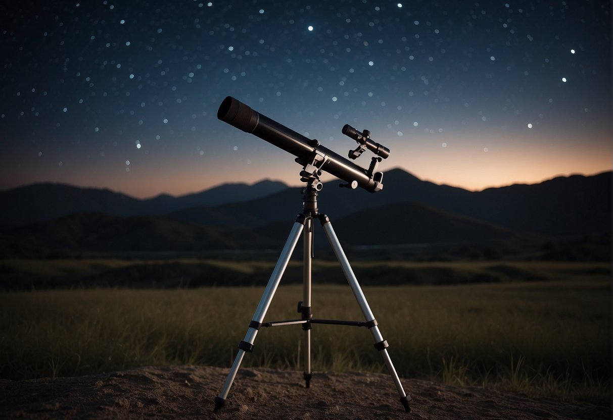 A telescope pointed towards the night sky, a camera attached to capture the stars, and a tripod set up on a dark, open field